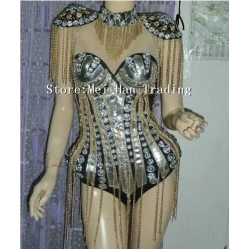Bright Crystals Chains Epaulet Bodysuit Dance Outfit Nightclub Bar Team Dancer Costume Heavy STYLE Female Performance Wear