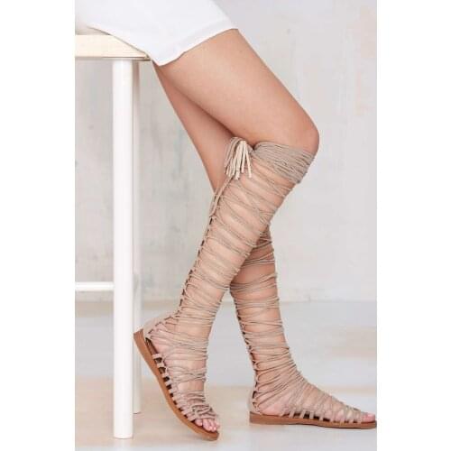 Summer Back Fringed Lace Up Sandal Boots Gladiator Strappy Hollow Out High Heel Over Knee Tassel Bandage Cow Suede Thigh Boots