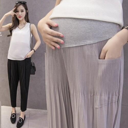 Pregnant Women Spring Summer Adjustable Elastic Waist Pleated Chiffon Harlan Casual Nine-Point Pants Belly Lift Pregnant Pants