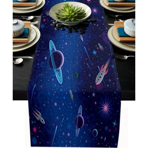 Outer Space Rocket Planet Table Runner Wedding Decor Table Cover Christmas Decoration Holiday Party Tablecloth