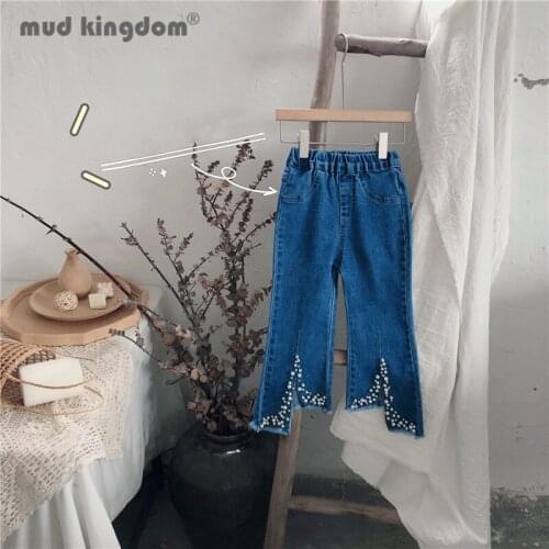 Mudkingdom Girls Denim Pants Fashion Solid Elastic Waist Pearls Boot Cut Trousers Slant Pocket Kids Clothes for Spring Autumn