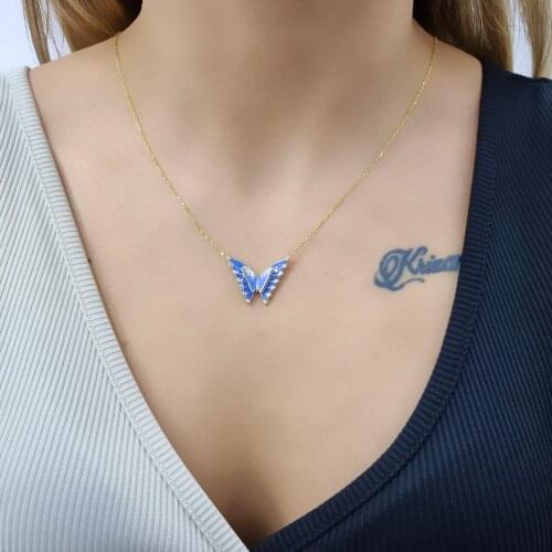 Enamel 2 Piece Butterfly 925 Sterling Silver, Gold, Rose Plated Necklace For Women Girls Handmade Jewelry Elegant Minimalist