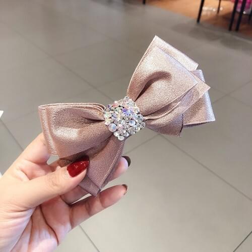 Korean Ribbon Large Bow Hair Clip Head Sweet Horizontal Hairpin Adult Headdress Crystal Rhinestone Hair Accessories for Women