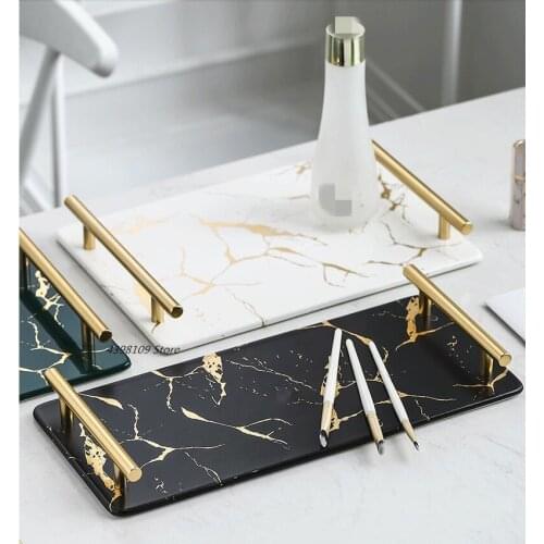 Marble Texture Square Ceramic Tray Snack Tray Nordic Model Room Living Room Coffee Table Tea Tray Multi-function Storage Tray