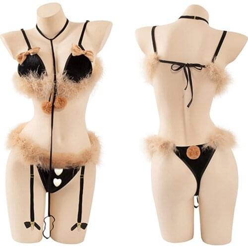 Cute Elk Xmas Cosplay Costumes Bow-knot Fuzzy Bra With Hairball Panties Undearwear Lolita Girl Bikini Lingerie Uniform DropShip