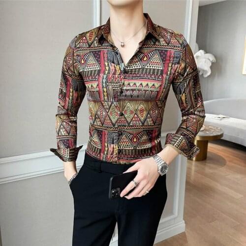 Luxury Vintage Print Shirts Men 2021 Spring Long Sleeve Casual Dress Shirt Slim Fit Social Streetwear Party Blouse Chemise Homme