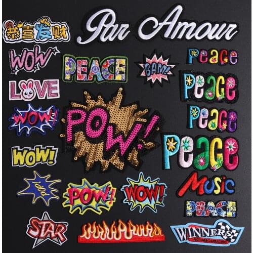 Peace Wow Pow Letter Patches Iron On Colors Music Love Star Words Appliques for Clothes Coat Stickers 3D Diy Clothing Decor