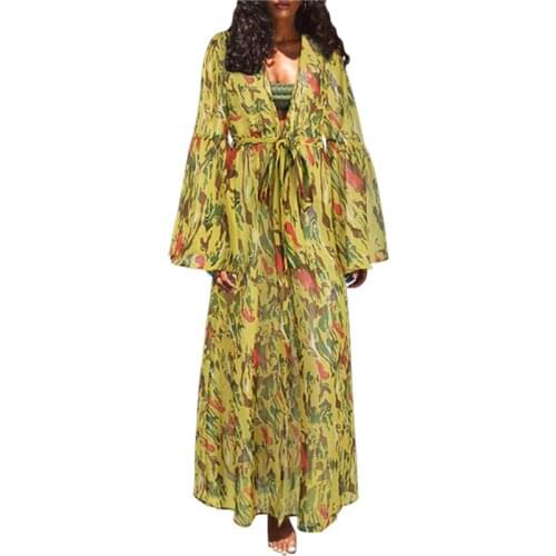 Meihuda 2021 New Womens Long Swimsuit Cover Up Trendy Print Open Front Flowy Chiffon Kimono Beach Cardigan Swimwear