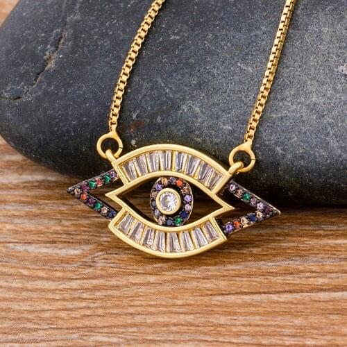 New Classic Rainbow Crystal Evil Eye Pendant Necklace Gold Color Copper CZ Chain Choker Necklace For Women Girls Fine Jewelry