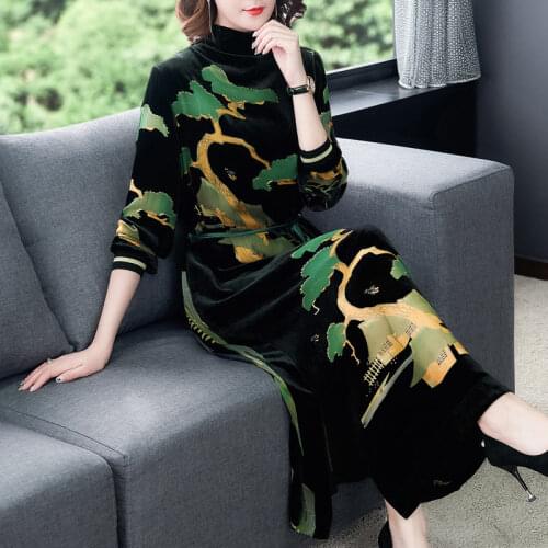 Autumn 2019 Women Dresses New Slim Turtleneck Female Retro Velvet Dress Casual Plus Size Long Dress Elegant Print Vestidos f2048
