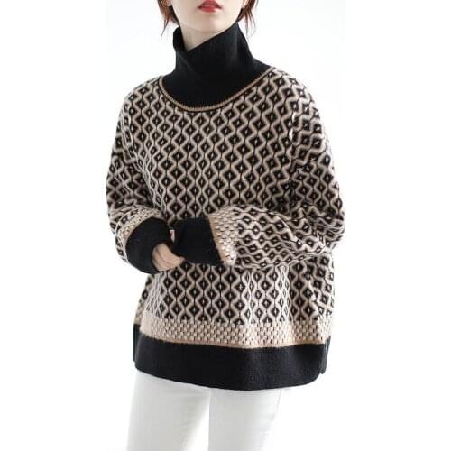 Autumn winter European Vintage Pullovers Womens Sweaters Turtleneck Short length Fashionable chic female Argyle Knitwear