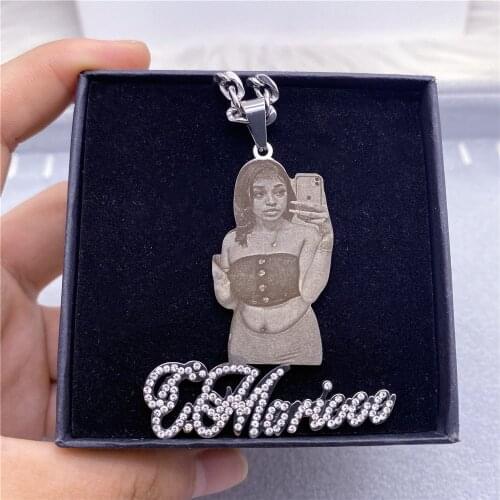 Aurolaco Custom Picture with Diamond Necklace Custom Nameplate Pendent Necklace for Women Custom Memory Jewelry Gifts Collar