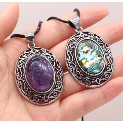 Natural Gem Stone Shell Pendant Egg-shaped Retro Alloy Necklace Amethysts Quartz Charms for Women Necklaces Boho Jewelry Gift