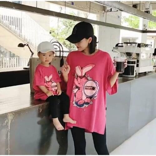 Summer Family Matching Clothes Mom and Daughter Cartoon Rabbit Print Family Clothing Mother Girl Large Size Loose TShirt Outfits