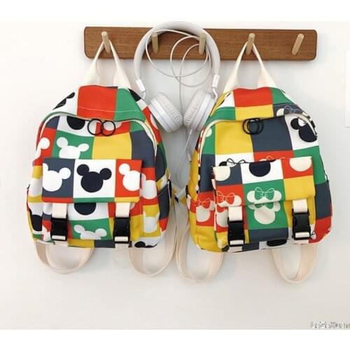 New Childrens Elementary School Square Hit Color Cartoon Mickey Minnie Mouse Backpack Boy Girl Travel Bag Plush Backpack 7-12Y