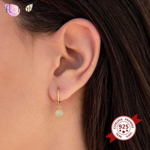 925 silver Huggie hoop earrings with sun-shaped pendant with zirconia Delicate Gold Earrings,Cubic Zirconia,Jewelry for women A3