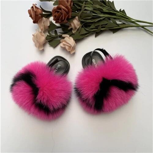 New child Fox Fur Slippers PVC Boys Girls Slides Fashion Cute Fluffy Rainbow Shoes Indoor Non-Slip Heel Belt Plush Fur Sandals