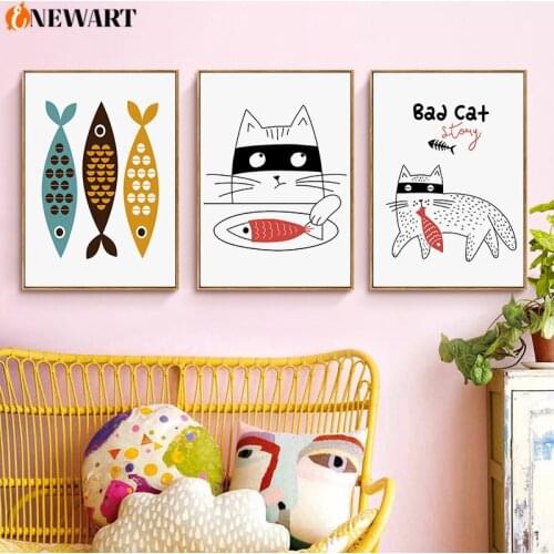 Nordic Cartoon Cat Eat Fish Kid Room Wall Art Poster and Print on Canvas Painting for Children Bedroom Decoration Painting Decor