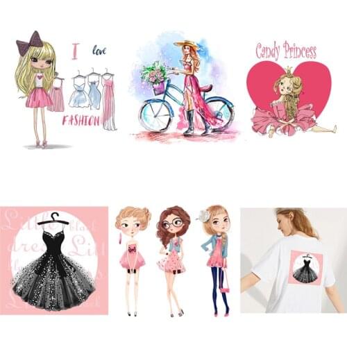 Vinyl Beautiful Girl Patches Lovely Girls Heat Transfer Patch Stripe Iron on Transfers For Clothing Stickers for Clothes Badges