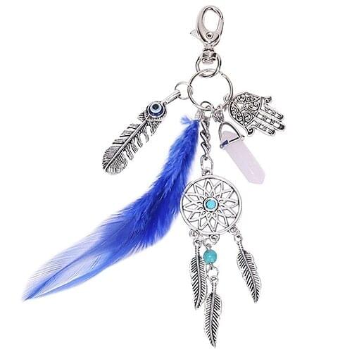 Boho Vintage Feather Tassels Dream Catcher Hamsa Hand Charm Keyring Key Chain