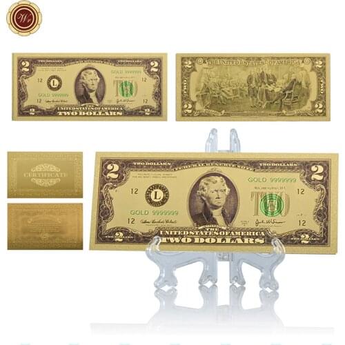 WR American Colorful 24k Gold Banknote Collectible 2 Dollar Fake Money Souvenir Gifts Quality World Paper Money with Stand