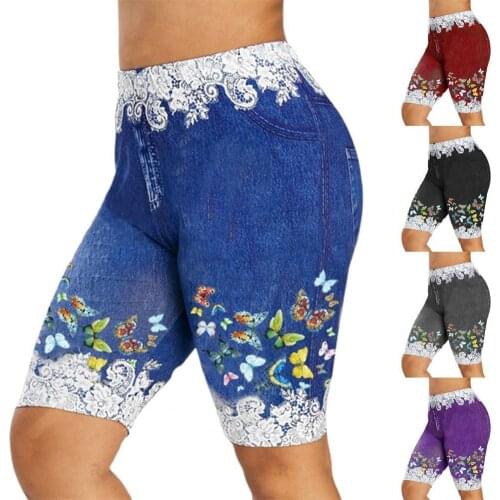 Plus Size Denim Shorts Women Lace Patchwork Butterfly Print Bodycon Shorts Elastic Skinny Denim Shorts for Women short feminino