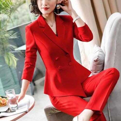 2019 Autumn Winter New Korean Red Slim Business Blazer + Pant 2 Two Piece Set Women Office Lady Notched Jacket Trousers Suits