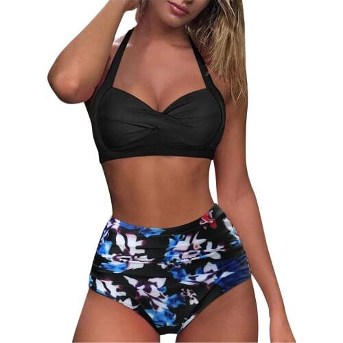 Women Sexy Bikini Swimming Set Vintage Two Piece Swimsuit Swimwer Retro Halter Ruched High Waist Print Bikini Set Trikini