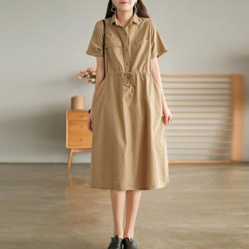 Johnature Women Cotton Dresses Turn-down Collar Short Sleeve Solid Color Belt Button Solid Color Clothing 2021 Summer New Dress