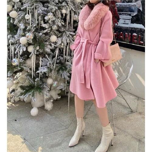Plush Size Cashmere Wool Women Coat Fox Fur Winter Outwear Long Styles Belt Jacket Luxury Ladies Clothing