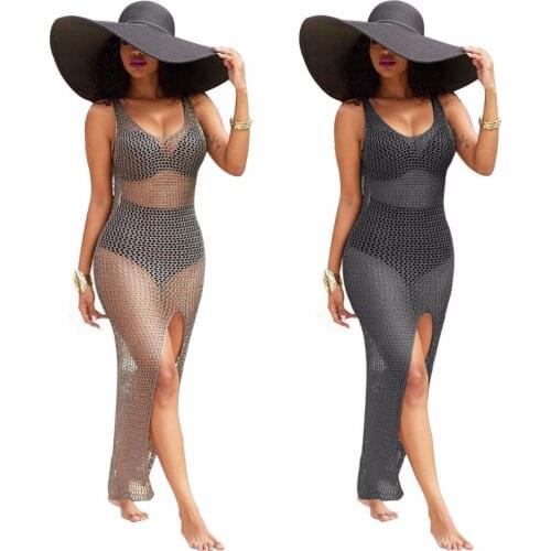 2019 Women Lace Summer Long beach dress O-neck Hollow Out Sexy Sheath split maxi dresses Black Gray