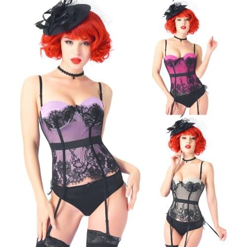 Lingerie Plus Size Push Up Corset for Women Bustier Top Garter Belt Lace Bodysuit with G-String Thong Sexy Lingere Set Langerie