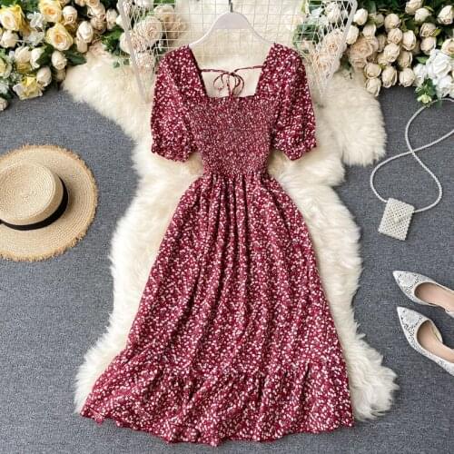 Women New Sweet French Dress Floral Chiffon Dress Square Collar Short Sleeve Slim Fairy Long Dresses