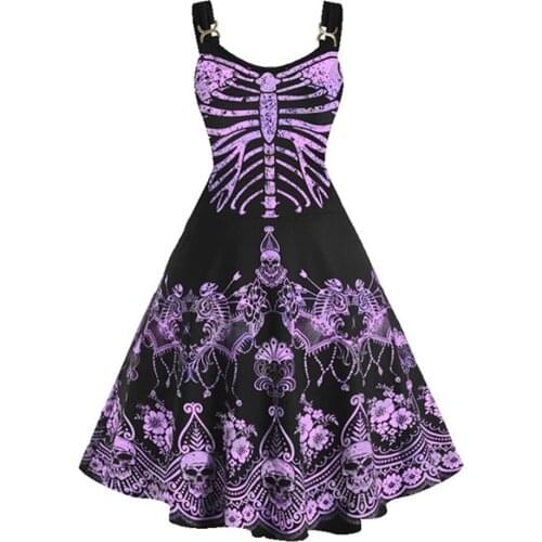 Sleeveless Dress Women High Waist Backless Maxi Dresses Patchwork Skeleton Print Halloween Costumes Retro Vintage Pleated Dress