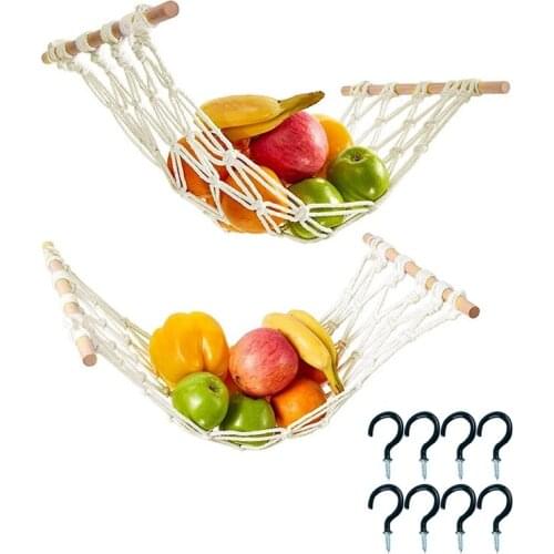 2Pcs Hanging Fruit Hammock - Macrame Fruit Hammock with Wood Rod and Hooks - Fruit Hammock for Kitchen Under Cabinet