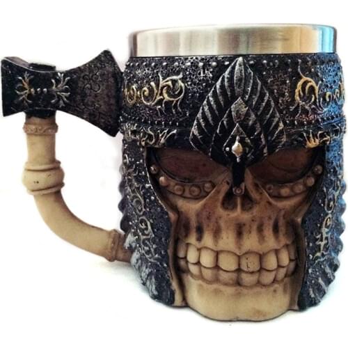 Personality 3D Stainless Steel Axe Skull Knight Handgrip Head Mugs Resin Viking Skull Warrior Coffee Beer Water Drinking Mug Cup