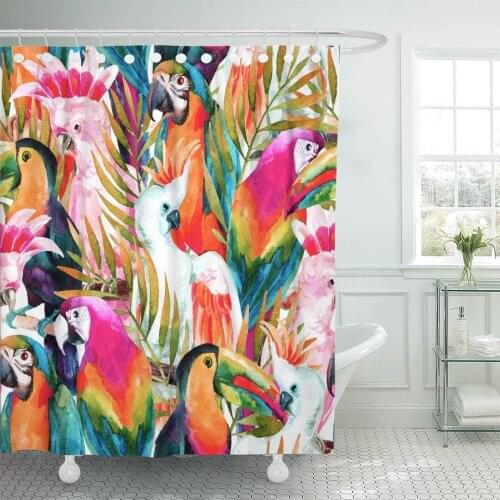 Watercolor Parrots on Hand Different Species of and Palm Shower Curtain Waterproof 72 x 78 inches Set with Hooks