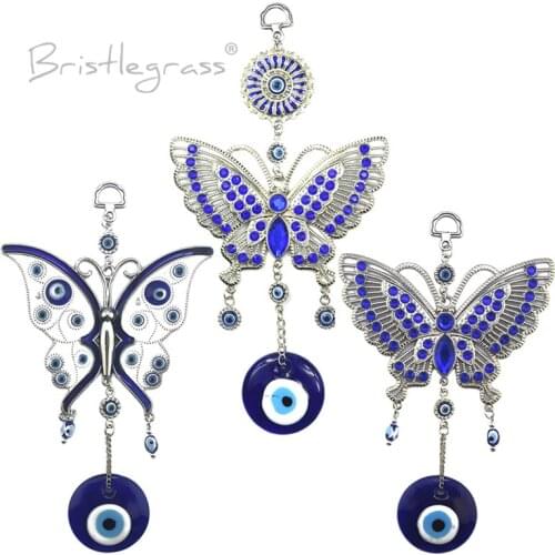 BRISTLEGRASS Turkish Blue Evil Eye Rhinestone Butterfly Car Wall Hanging Pendant Pendulum Amulet Lucky Charm Blessing Protection