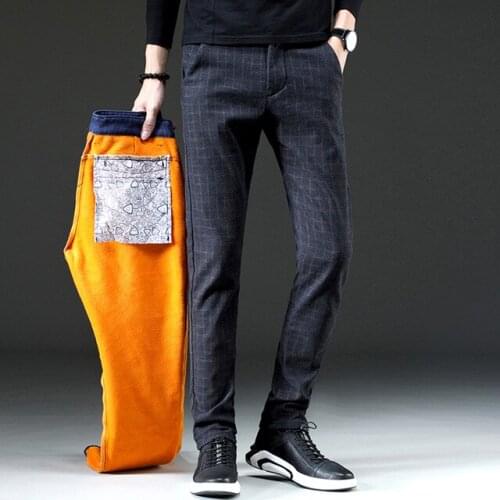 WINTER PANTS MEN Fleece Warm Velvet Casual Dress Pants Male Skinny Slim Fit Thick Mens Classic Trousers Stretch Long Plaid Pants