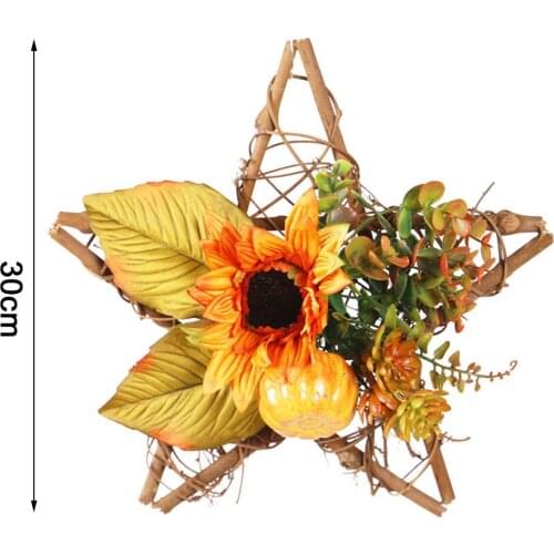 Artificial Flower Fall Wreath With Wooden Star Base Sunflowers Maple Leaves Embellishment For Wall Door Hang Thanksgiving