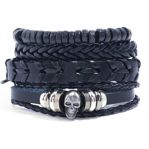 Jessingshow New 4 Pcs/set Weave Vintage Punk Wood Beads Male Women Skull Men Leather Charm Bracelets Female Homme Jewelry Gift