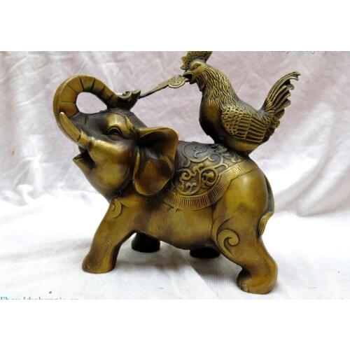 Fine Brass sculpture China copper Feng Shui lucky money elephant rooster Statue