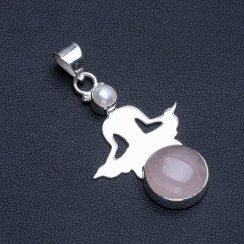 Natural Rose Quartz and River Pearl Boho Style 925 Sterling Silver Pendant 1 3/4" R0977