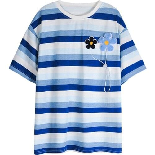 Summer Design Loose Short-sleeved Mid-length Women T Shirt Striped Harajuku Stitching Flowers Tees O-neck New Blue Tops Female