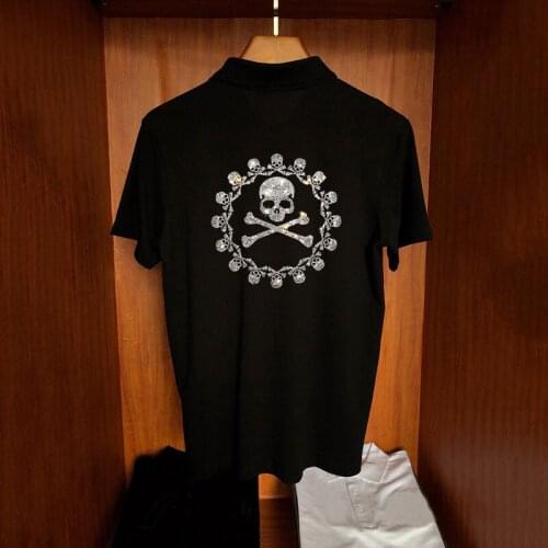 Mens Casual Short-Sleeved Skull Diamond Hip-Hop Style Top Summer Breathable Polo Shirt Slim