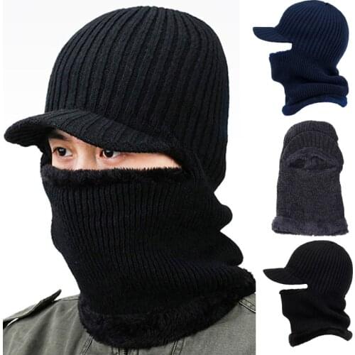 Men Winter Knitted Balaclava Beanie Hat with Visor Plush Lining Neck Warmer Mask