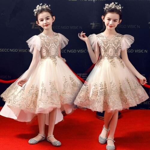 New Flower Girls Ball Gown Pink Wedding Pearl Party Kids Dresses For Girls Princess Children Birthday Clothing Christmas Costume