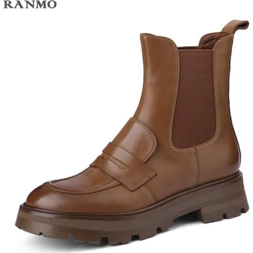 New Chelsea Boots Short Boots Female Round Toe Leather British Style Flat Heel Thick Bottom Short Tube Retro Womens Boots