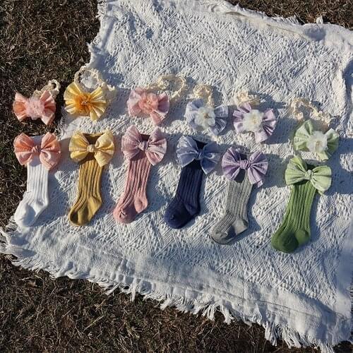 New Infant Baby Big Lace Stretch Hair Band Flower Slip Soft Non-Slip Cotton Socks Four-Piece Kids Girls Childrens Headwear