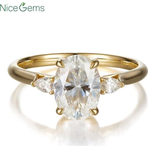 14K Yellow Gold Center 1.5 Carat OVAL shape Three stone Moissanite Engagement ring With Pear Shaped Accents Romantic Claw prong